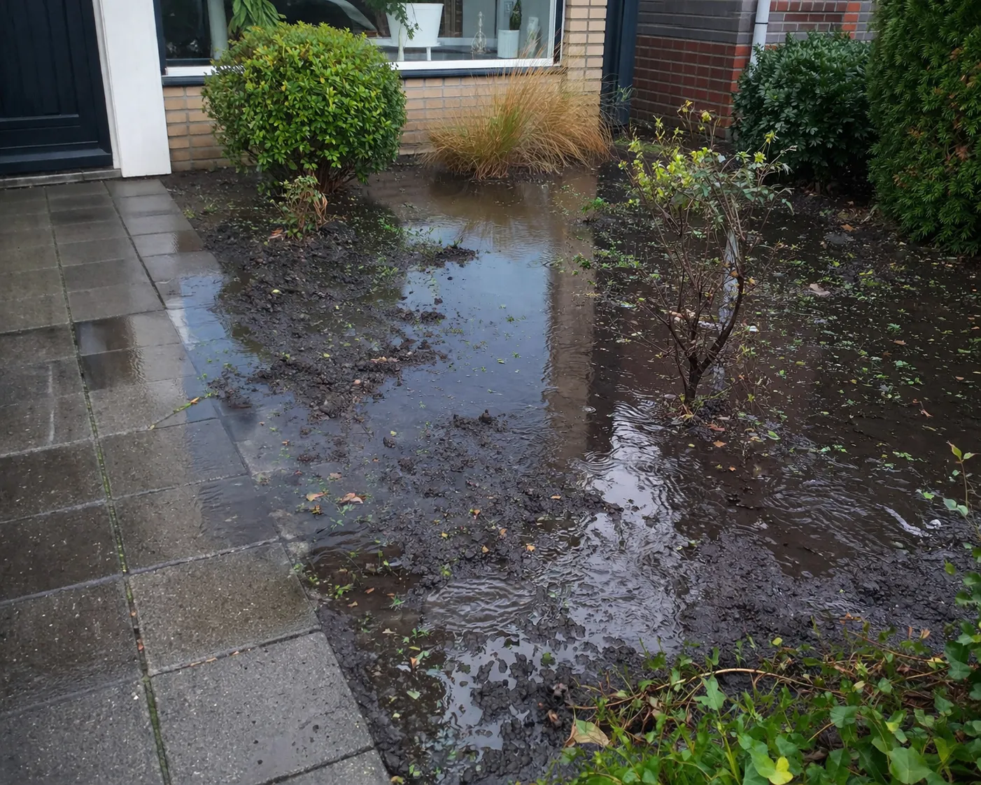 Regenwater blijft staan in de voortuin door slechte afwatering en verzadigde grond.