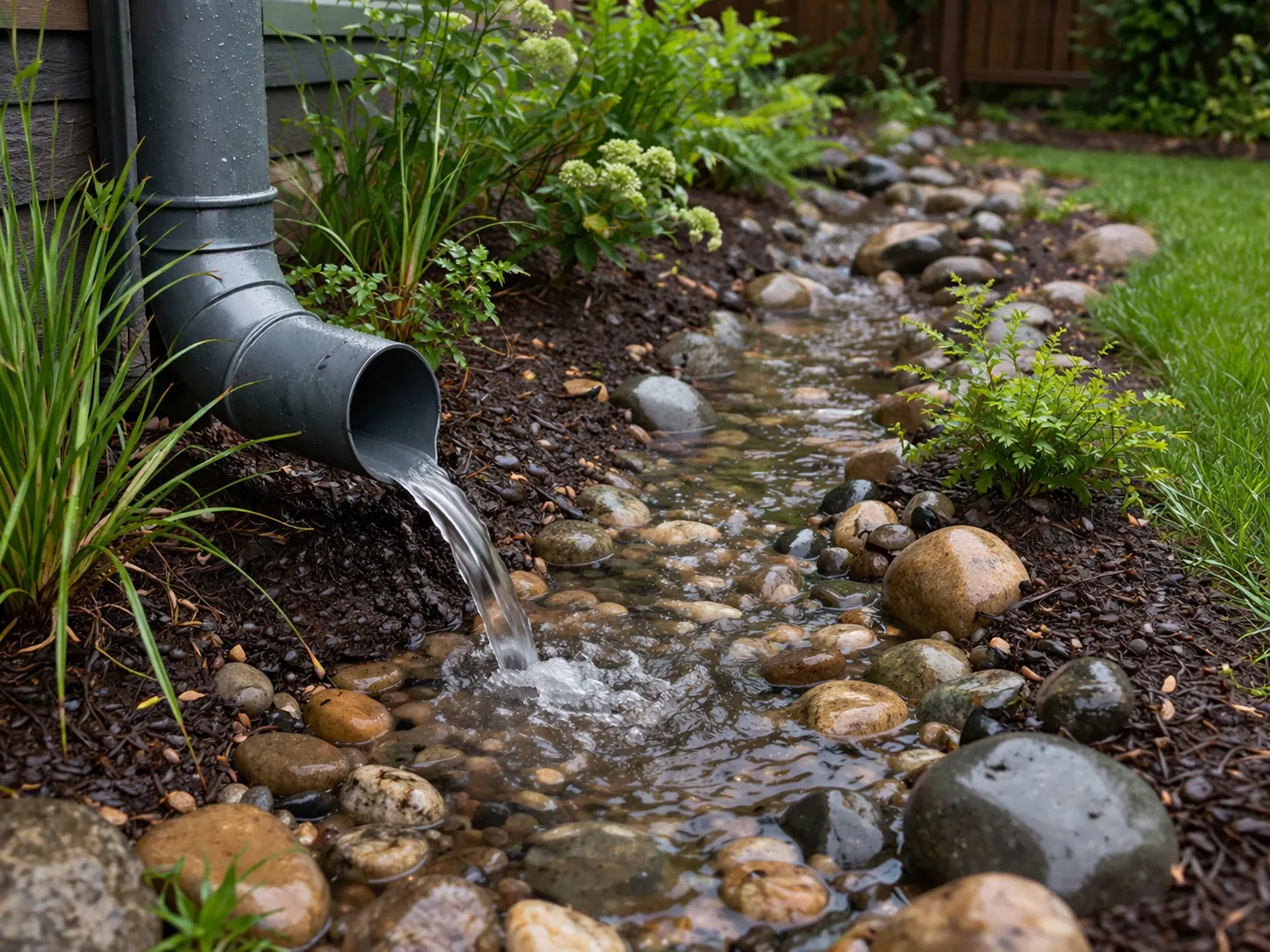 Realistische tuin met regenwaterafvoer via grind, drainagegoot en waterdoorlatende bestrating.