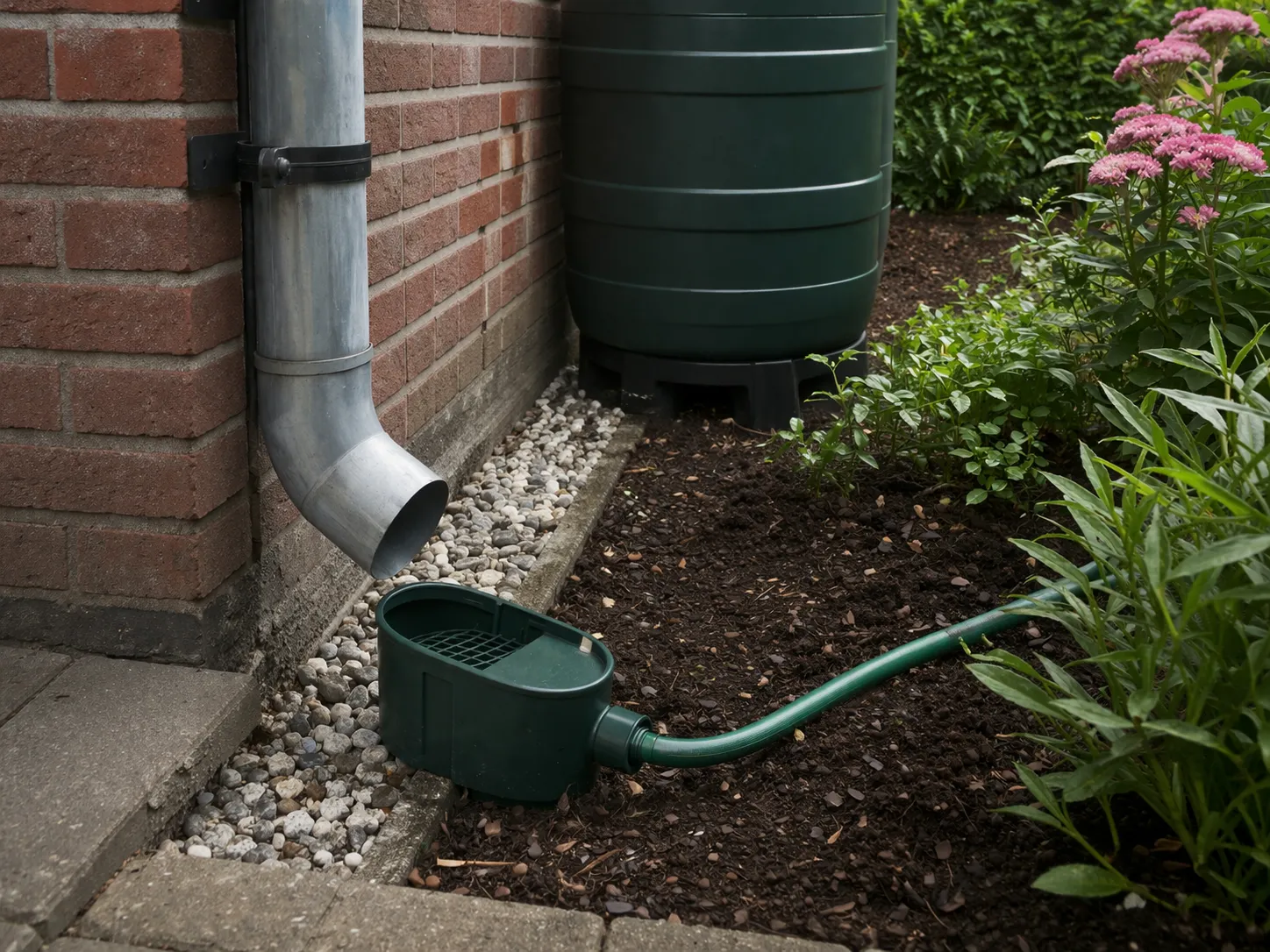 Regenwater van de regenpijp wordt direct naar de tuin geleid voor natuurlijke infiltratie.