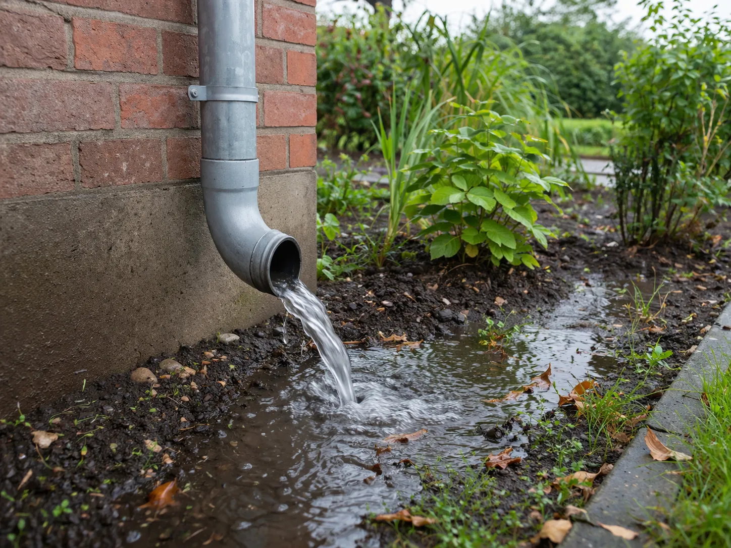 Regenwater stroomt uit de afgekoppelde regenpijp en veroorzaakt wateroverlast in de natte tuin.