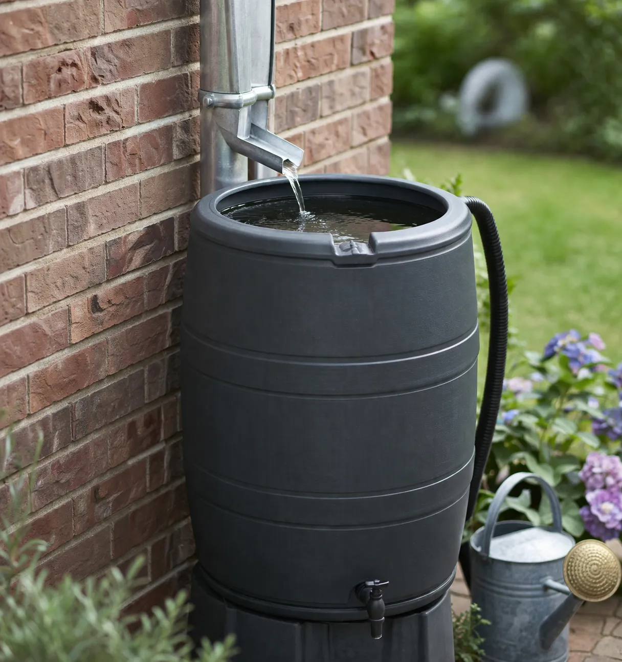 Realistische foto van een regenton met overloop naast een bakstenen muur in de tuin.