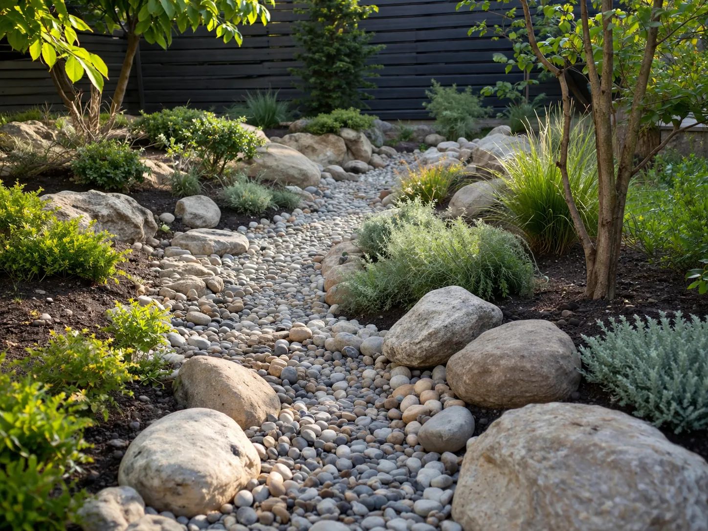 Natuurlijke wadi met stenen, beplanting en een rustige uitstraling voor goede regenwateropvang.