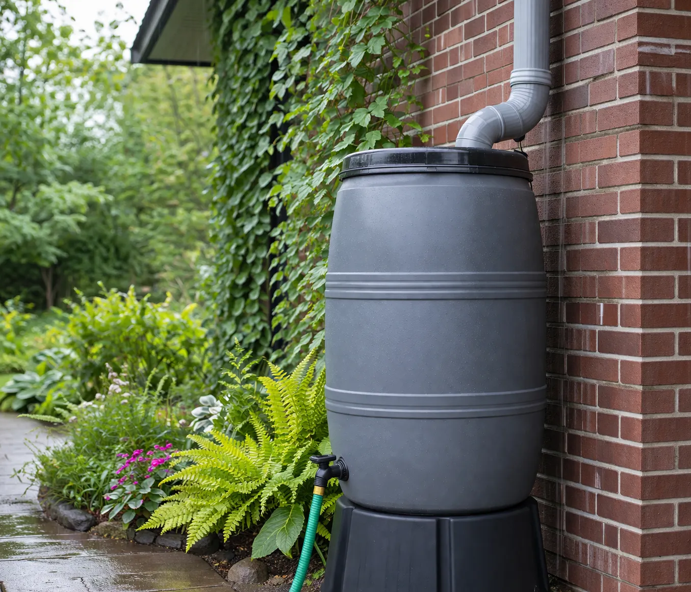 Een realistische regenton naast een huis, aangesloten op de regenpijp in een groene tuin.