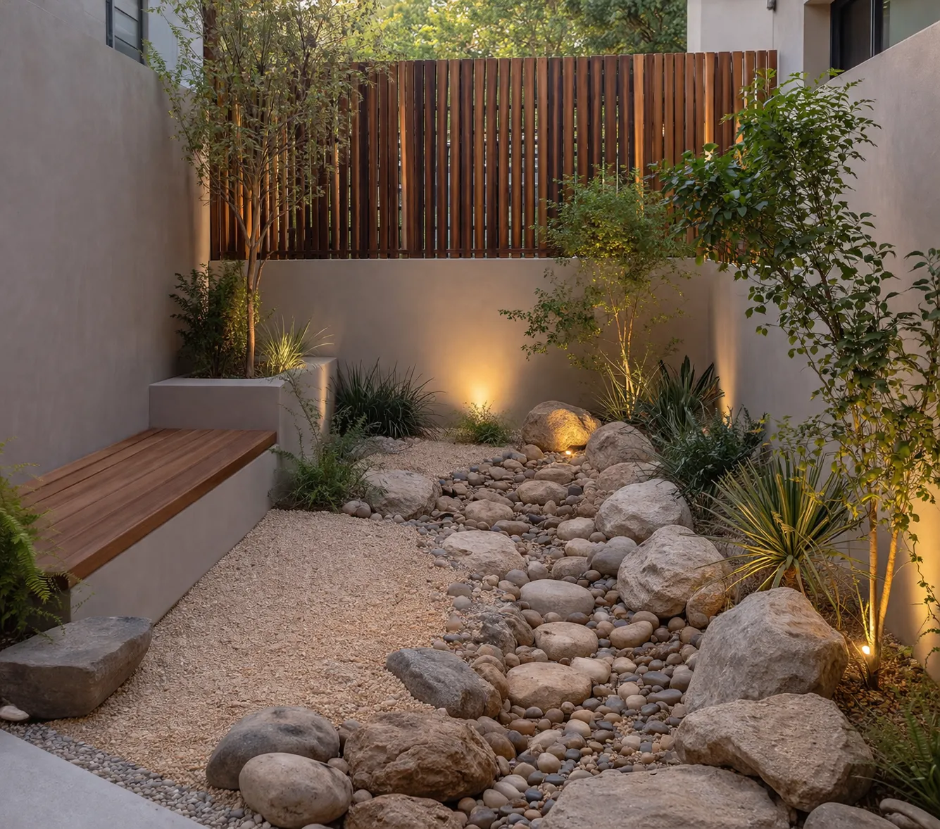 Compacte wadi tuin met natuursteen, siergrassen en een rustige, moderne uitstraling.