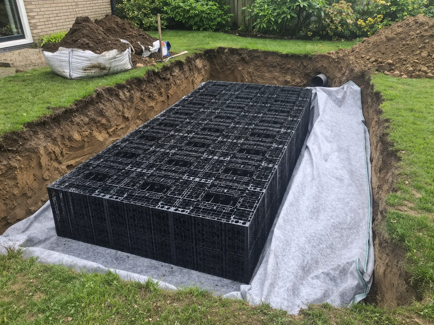 Realistische foto van een infiltratiekrat die in een uitgegraven tuin wordt geplaatst voor regenwaterafvoer.