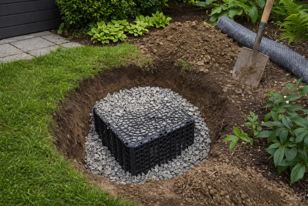 Realistische foto van een tuin waarin een infiltratieput wordt aangelegd met grind en infiltratiekrat, zonder tekst in beeld.