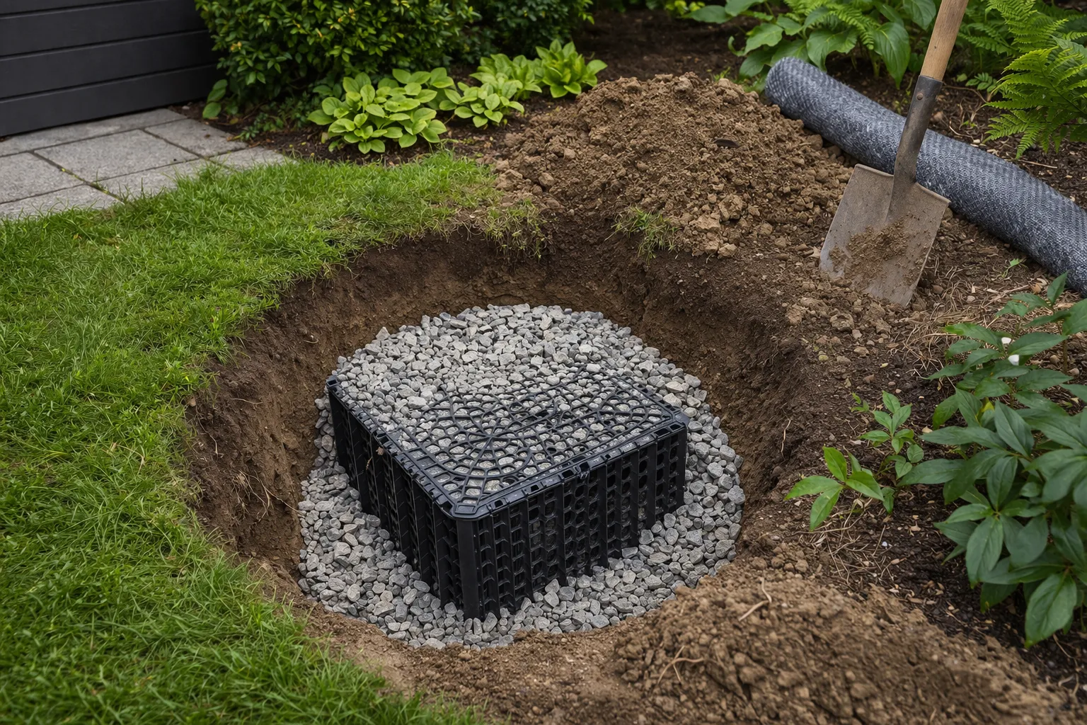 Realistische foto van een tuin waarin een infiltratieput wordt aangelegd met grind en infiltratiekrat, zonder tekst in beeld.