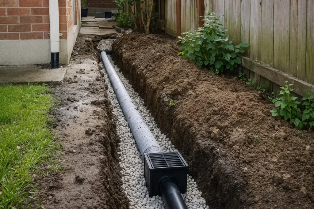 Praktische tuindrainage met grind, drainagebuis en afvoer tegen natte grond en plassen.