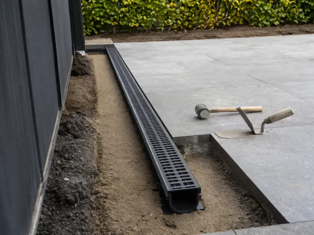 Strakke plaatsing van een lijngoot langs het terras voor een goede afwatering in de tuin.