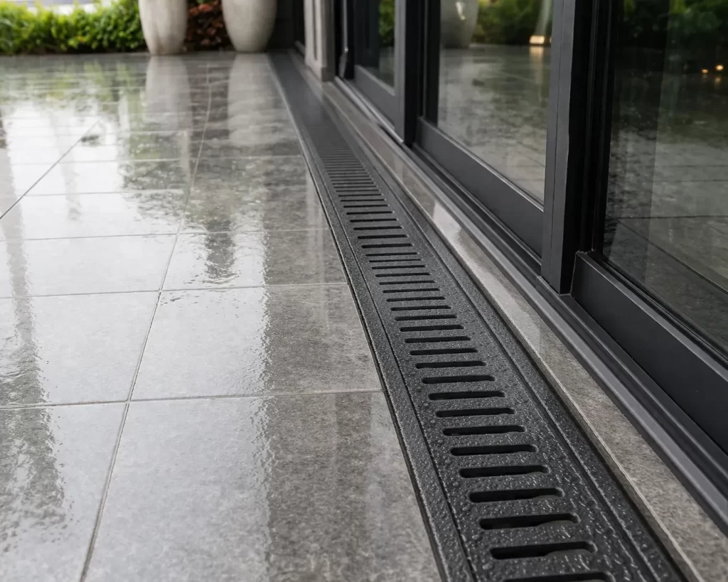 Moderne terrasafvoer naast schuifdeur die regenwater snel afvoert.