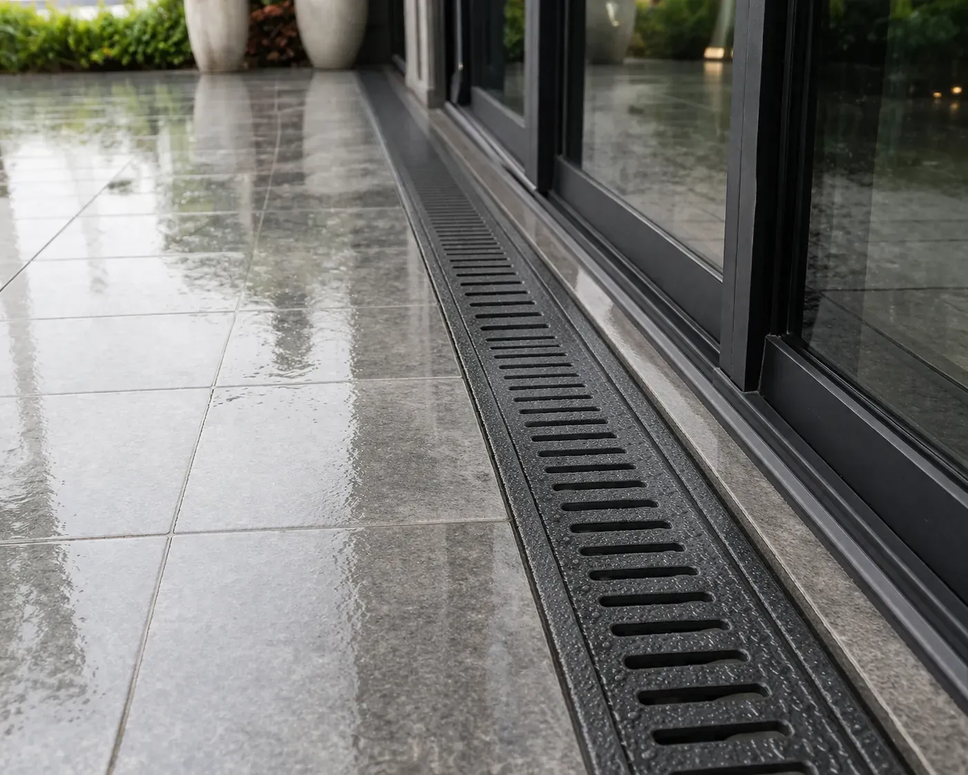 Moderne terrasafvoer naast schuifdeur die regenwater snel afvoert.