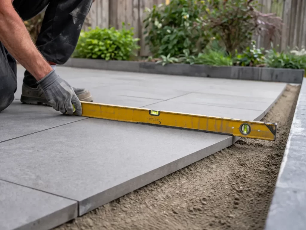 Stratenmaker legt terrastegels met het juiste afschot voor goede waterafvoer.