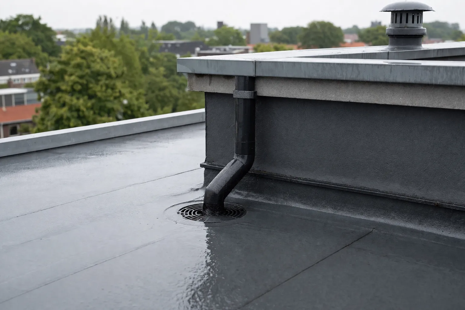 Realistische foto van een dakafvoer op een plat dak bij de perceelgrens.