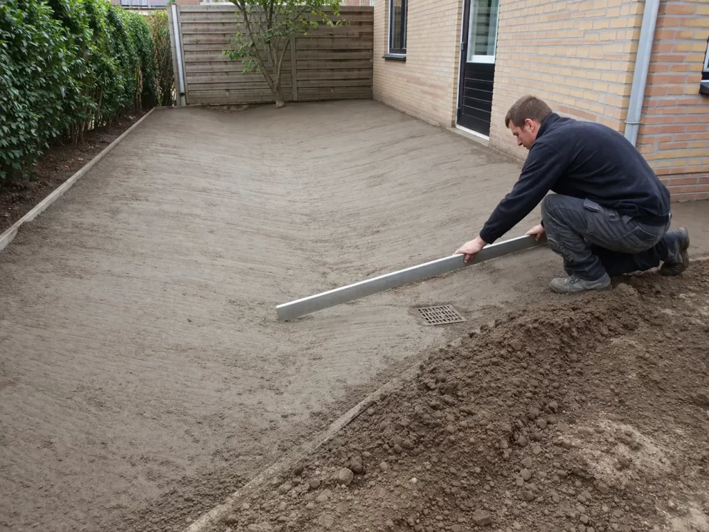 Een vakman maakt een lichte helling in de tuin voor goede waterafvoer.