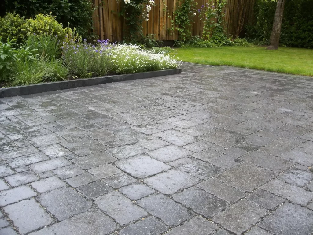 Moderne tuin met waterdoorlatende stenen die regenwater goed laten infiltreren.