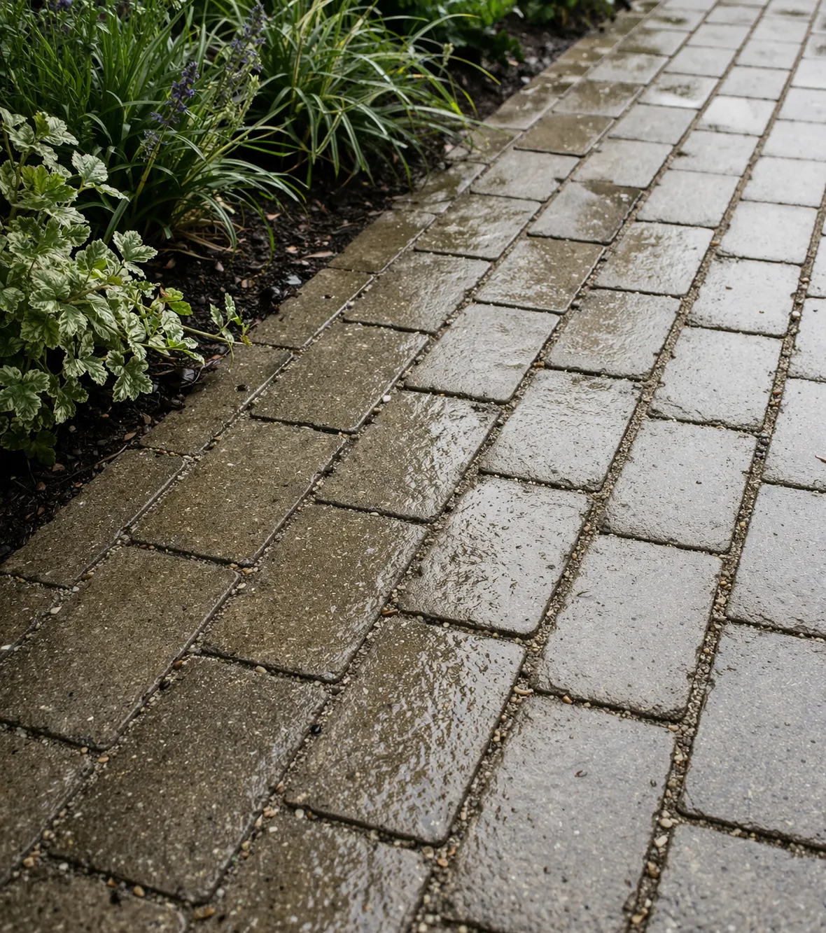 Moderne tuinbestrating met waterdoorlatende klinkers voor goede afwatering.
