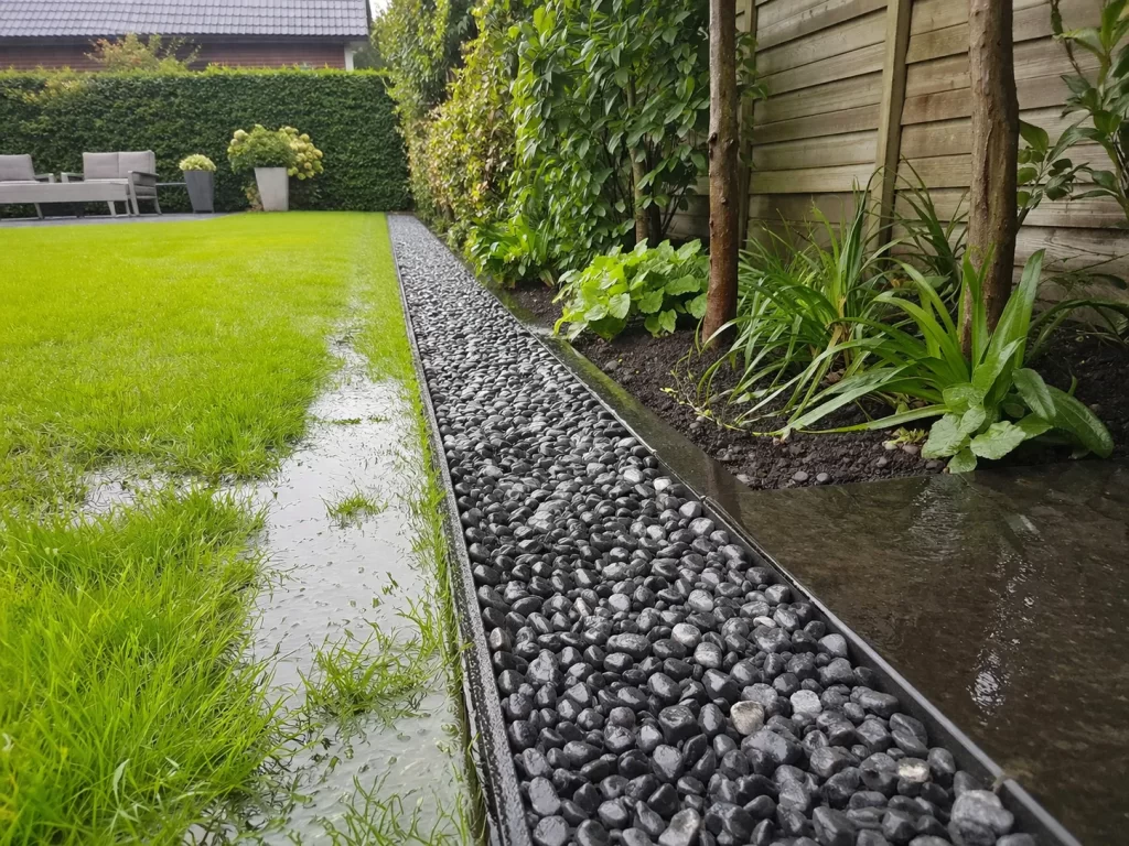 Realistische tuin met een grindstrook langs het gazon om regenwater beter af te voeren en plasvorming te verminderen.