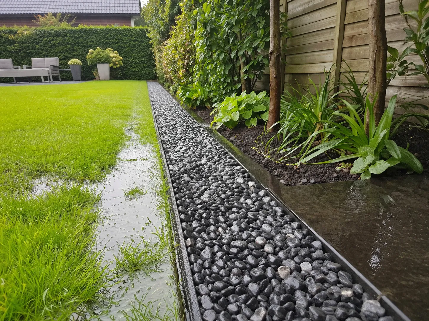 Realistische tuin met een grindstrook langs het gazon om regenwater beter af te voeren en plasvorming te verminderen.