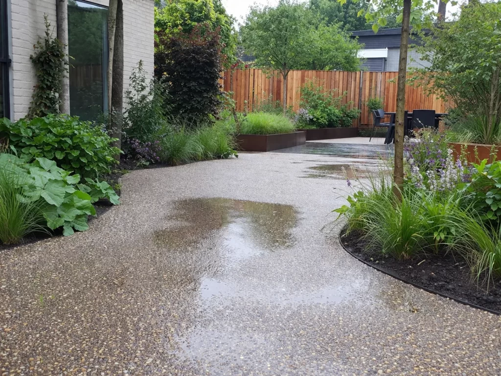 Natuurlijke halfverharding in een moderne tuin die regenwater beter laat infiltreren en plasvorming helpt verminderen.