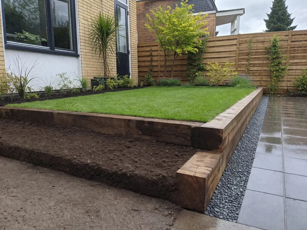 Verhoogde tuin met gras, planten en goede afwatering tegen regenwater.