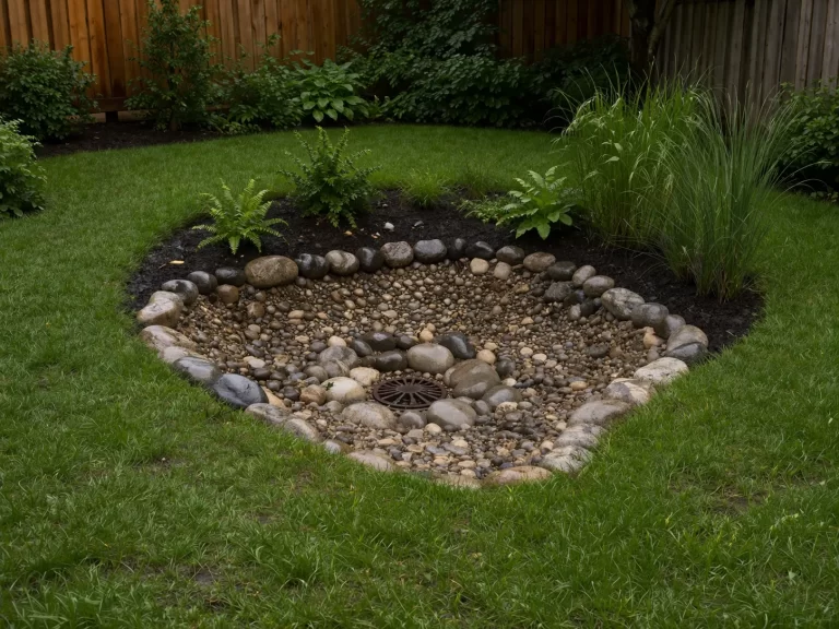 Een natuurlijke wadi met grind en stenen vangt regenwater op en voorkomt plassen in het laagste deel van de tuin.