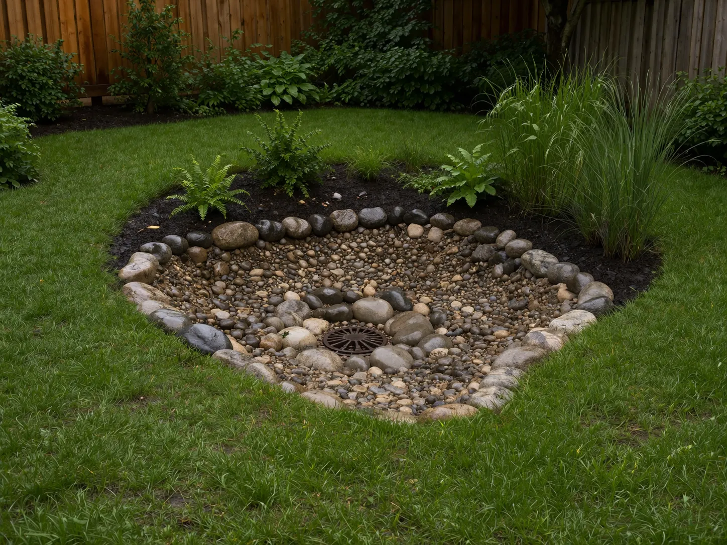 Een natuurlijke wadi met grind en stenen vangt regenwater op en voorkomt plassen in het laagste deel van de tuin.