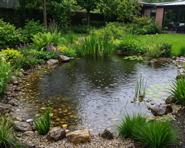 Natuurlijke tuinvijver die regenwater opvangt, omringd door groen en stenen, met een rustige en moderne uitstraling.