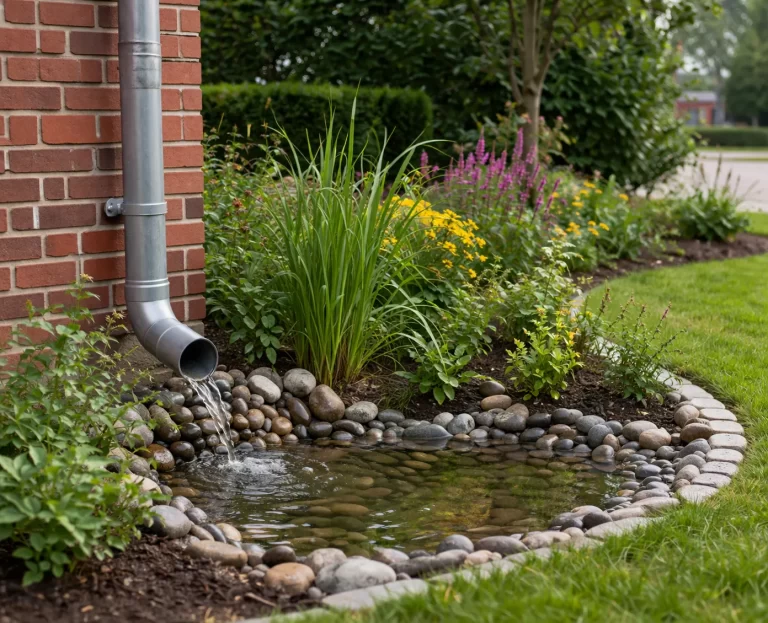 Natuurlijke border met stenen rand voor het opvangen en langzaam afvoeren van regenwater.