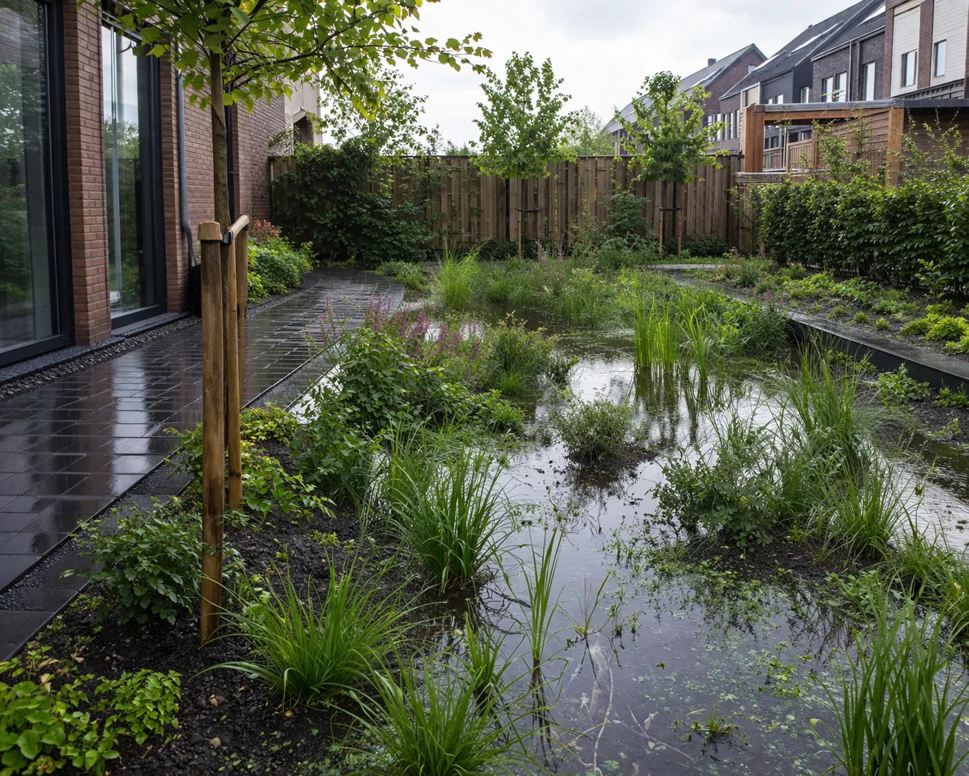 Echte tuin met wadi, grind en beplanting tegen wateroverlast.