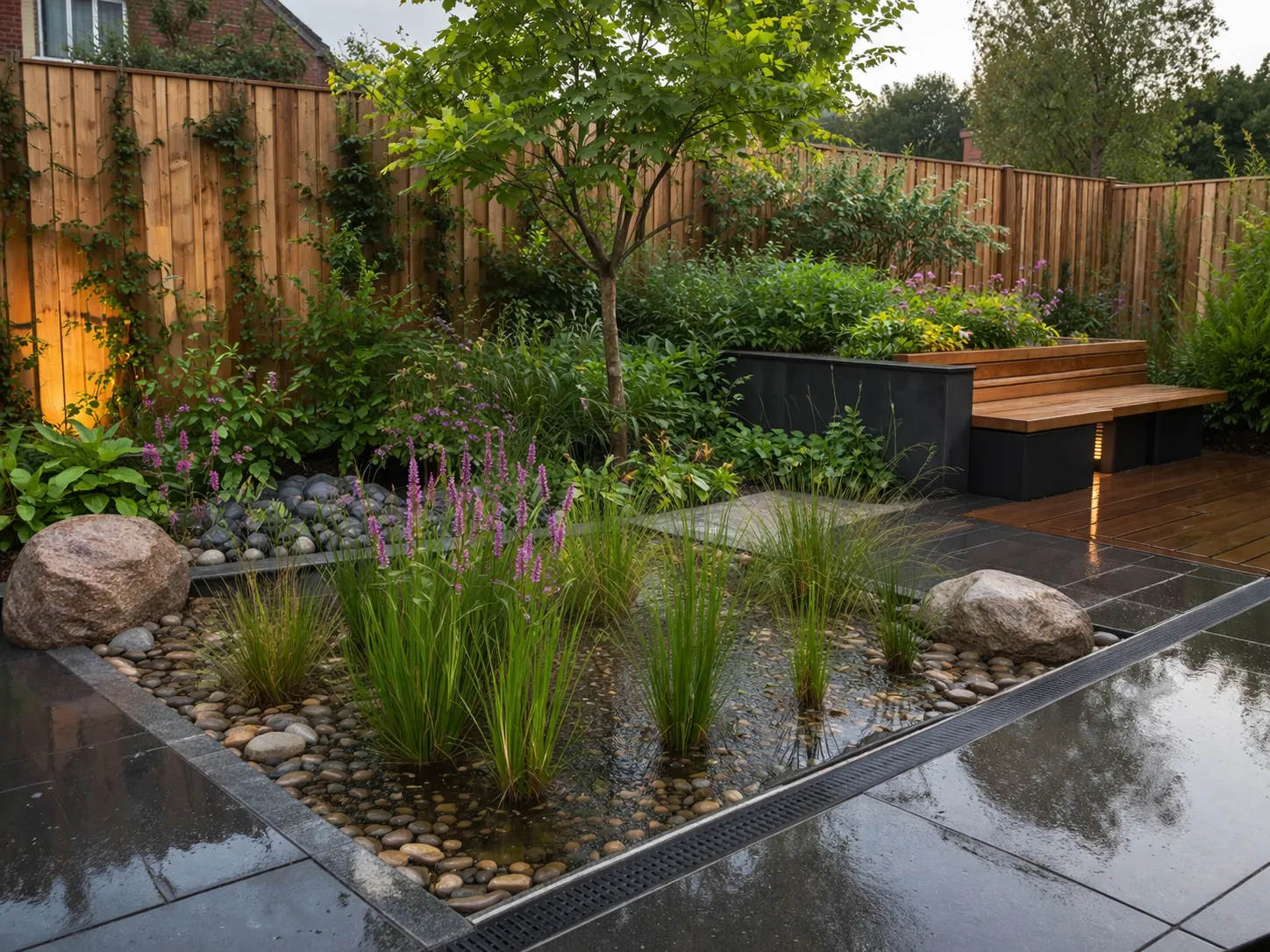 Moderne tuin met waterdoorlatende bestrating, een regenzone en sterke beplanting voor nat weer.