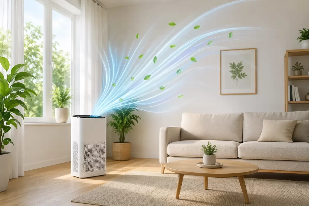 Een lichte, moderne woonkamer met een frisse en schone sfeer.