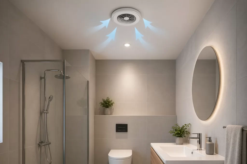 Frisse, moderne badkamer zonder raam met goede ventilatie tegen vocht, schimmel en muffe lucht.