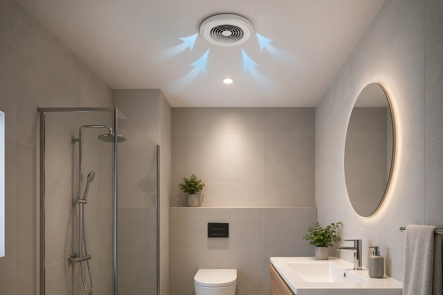 Frisse, moderne badkamer zonder raam met goede ventilatie tegen vocht, schimmel en muffe lucht.