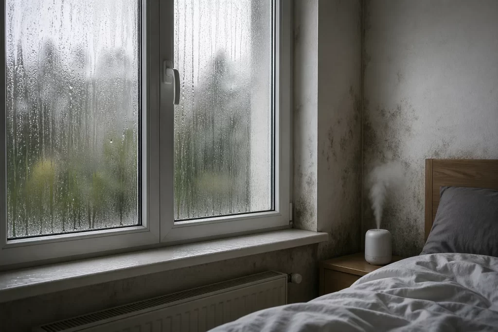 Realistische slaapkamer met beslagen raam door vocht en condens.