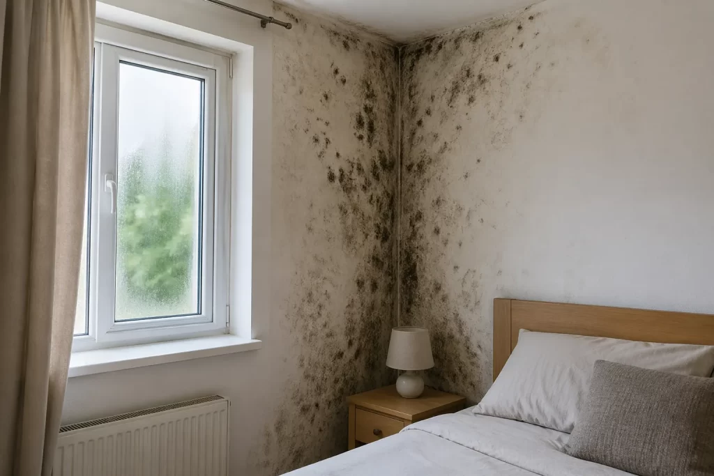 Realistische slaapkamer met zichtbare schimmelvorming op de muur door vochtproblemen.