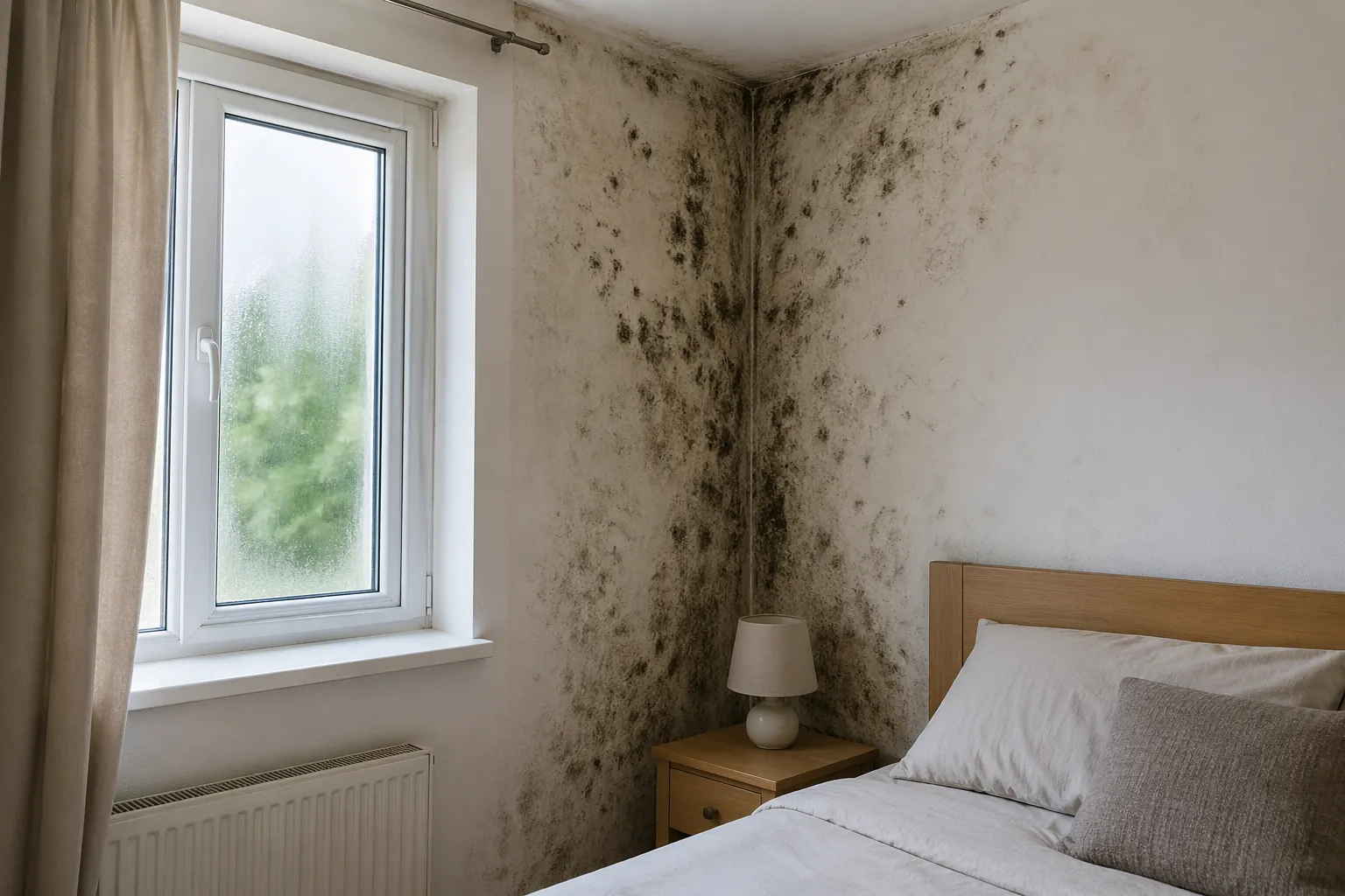 Realistische slaapkamer met zichtbare schimmelvorming op de muur door vochtproblemen.