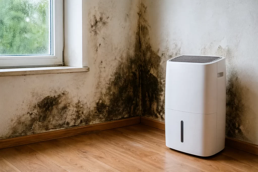 Een luchtontvochtiger in een vochtige kamer met schimmel op de muur.