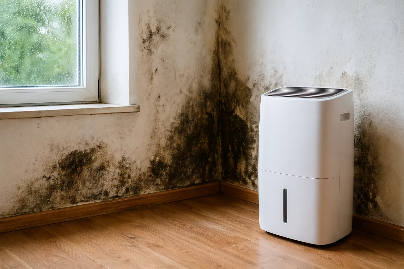 Een luchtontvochtiger in een vochtige kamer met schimmel op de muur.