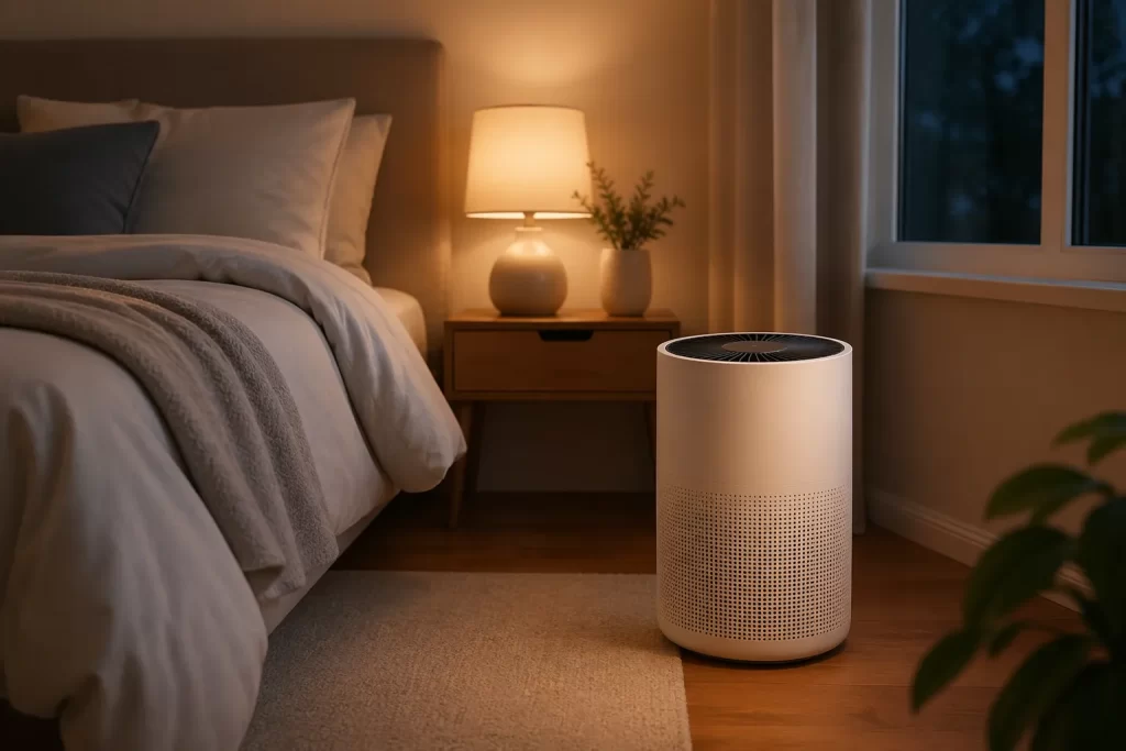 Rustige slaapkamer met een compacte, stille luchtreiniger voor schone en comfortabele lucht.