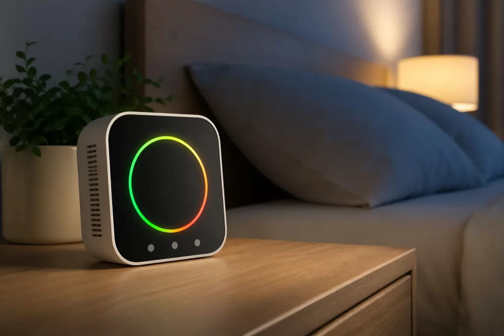 Moderne CO2-meter in een rustige slaapkamer, strak en minimalistisch weergegeven.