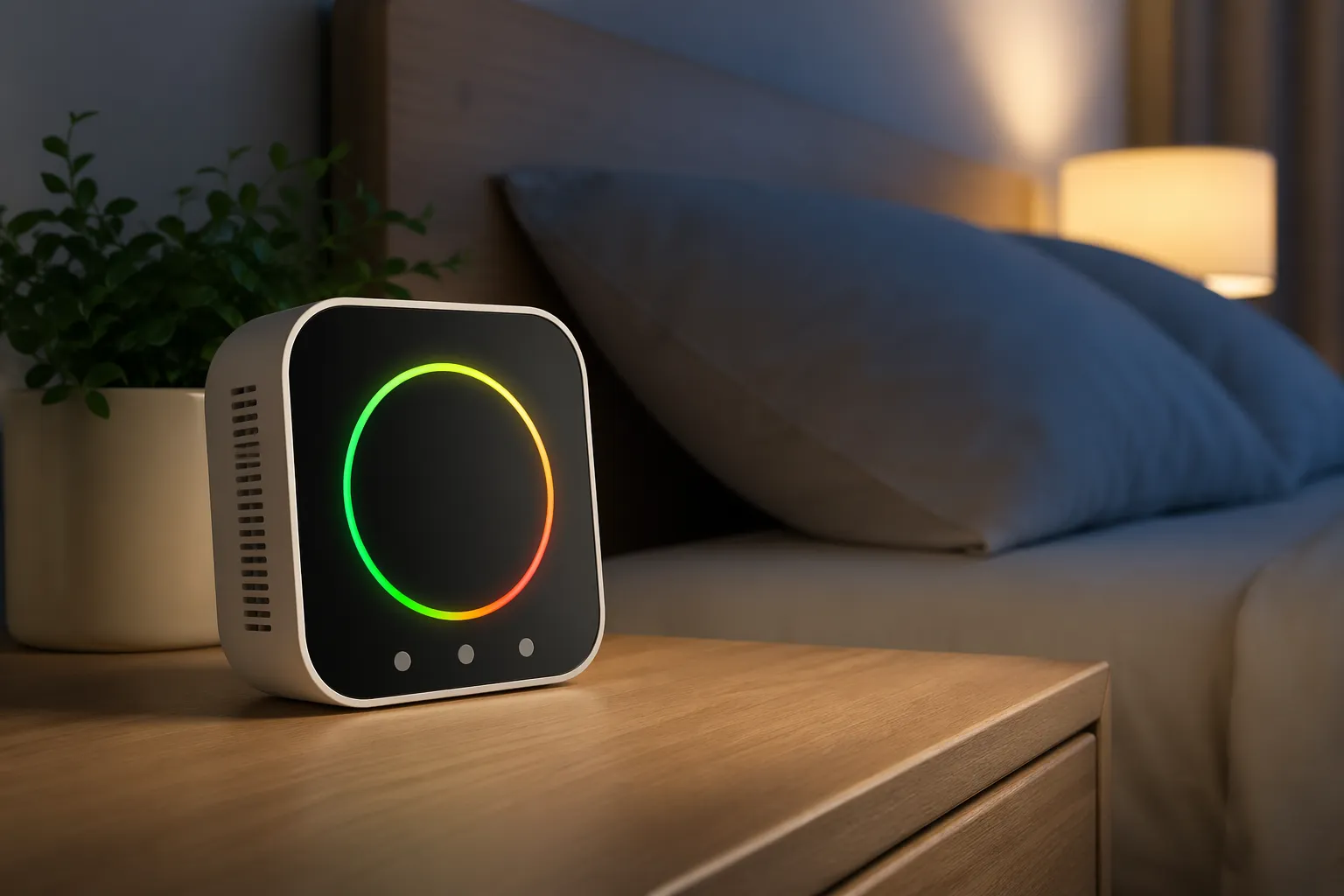 Moderne CO2-meter in een rustige slaapkamer, strak en minimalistisch weergegeven.