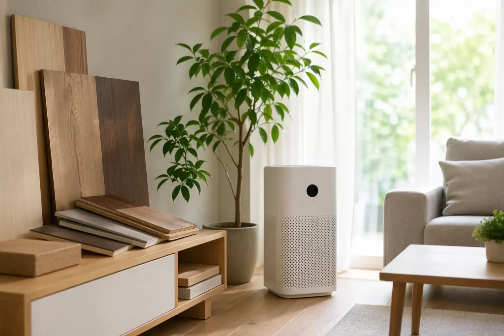 Een lichte, rustige woonkamer met natuurlijke materialen, planten en een luchtreiniger voor een frisse en schonere binnenlucht.