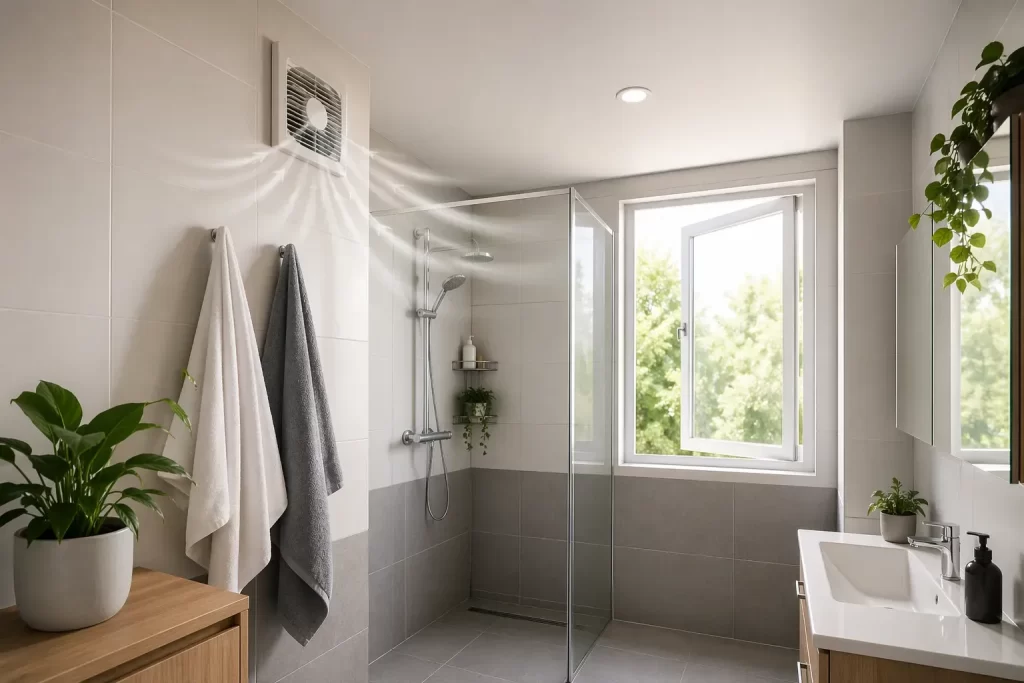 Frisse, goed geventileerde badkamer met veel licht en een schone uitstraling.