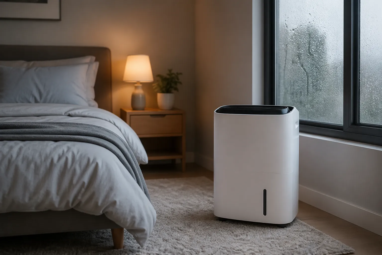Een moderne, sfeervolle slaapkamer met zachte verlichting en een luchtontvochtiger naast het bed, zichtbaar bij een beslagen raam.