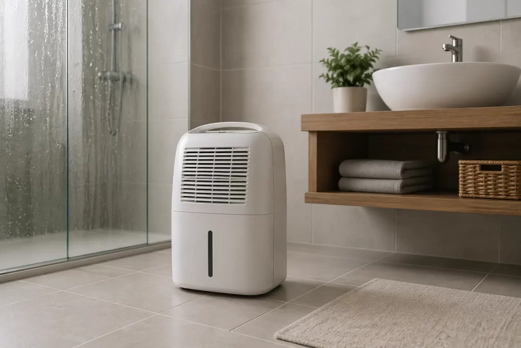 Minimalistische badkamer met een compacte luchtontvochtiger, frisse en rustige sfeer.