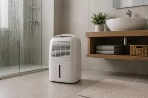 Minimalistische badkamer met een compacte luchtontvochtiger, frisse en rustige sfeer.