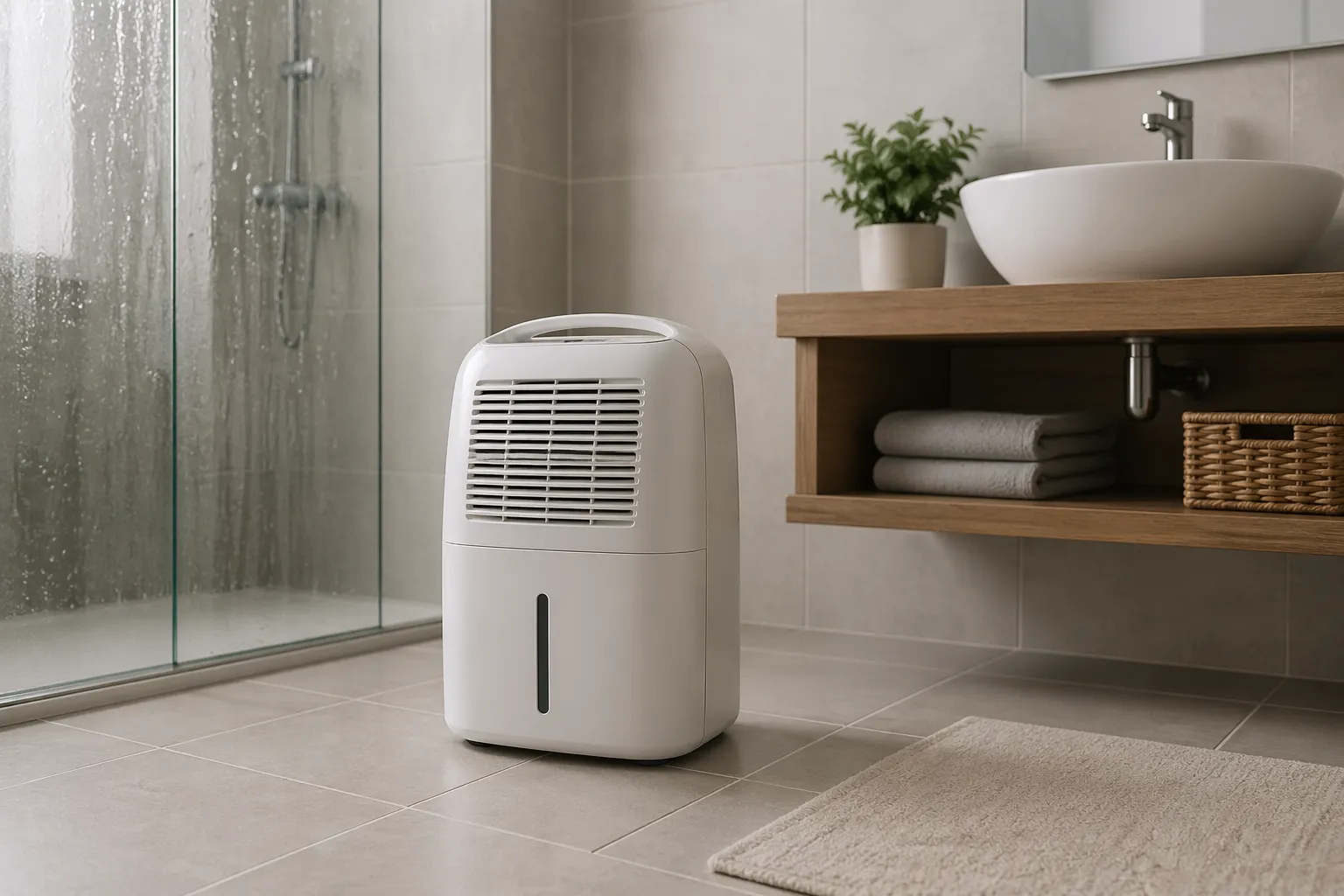 Minimalistische badkamer met een compacte luchtontvochtiger, frisse en rustige sfeer.