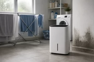 Moderne wasruimte met een luchtontvochtiger die vocht en condens vermindert tijdens het drogen van kleding