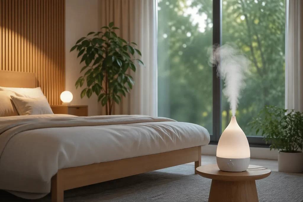 Moderne, serene slaapkamer met een luchtbevochtiger die zorgt voor een gebalanceerd en comfortabel binnenklimaat.
