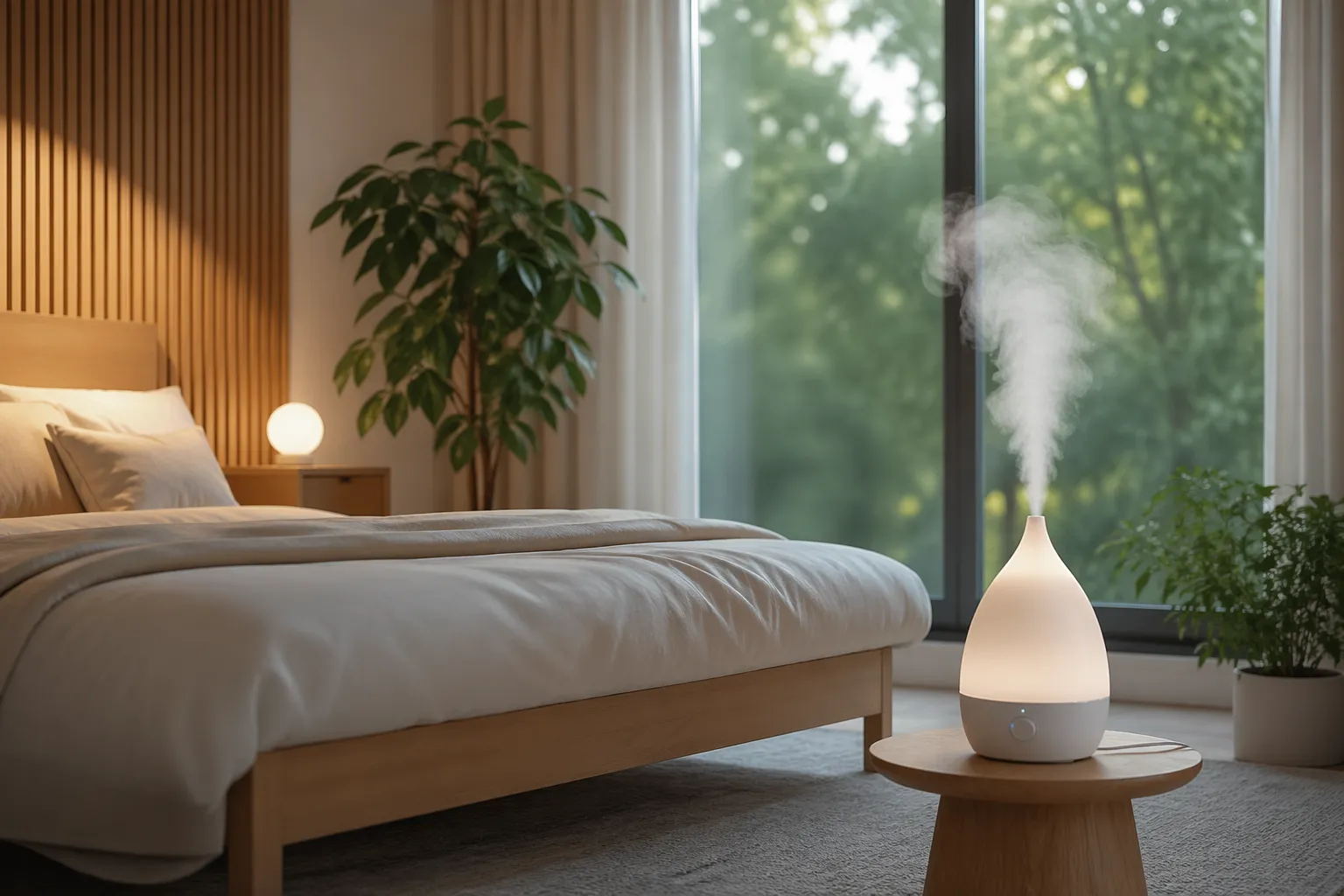 Moderne, serene slaapkamer met een luchtbevochtiger die zorgt voor een gebalanceerd en comfortabel binnenklimaat.
